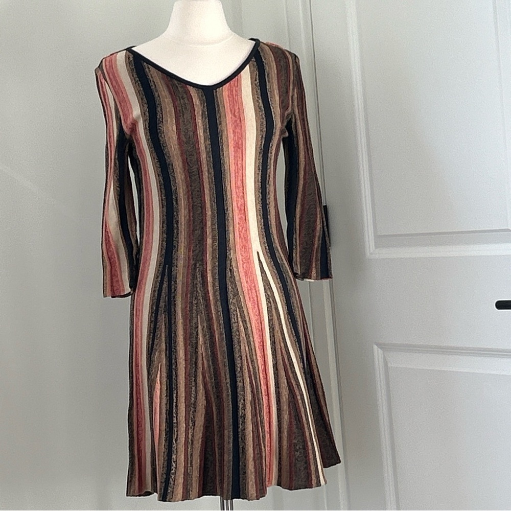 PERUVIAN CONNECTION size M Pima Cotton Textured Stripe Sweater Dress 3/4 slv